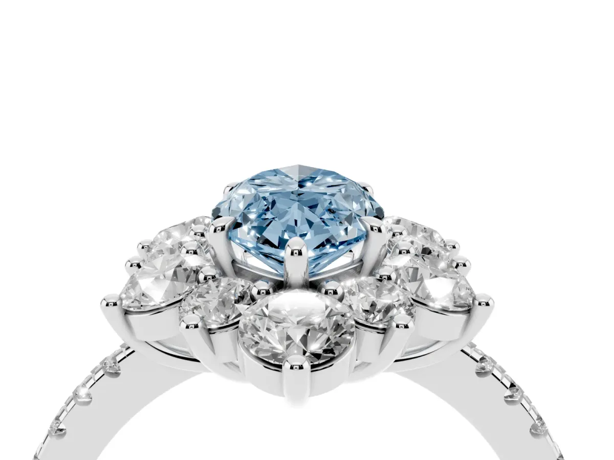 Fancy Blue Marquise Cut Diamond Floral Halo Ring with Round Pavé Band and Prong Setting White gold