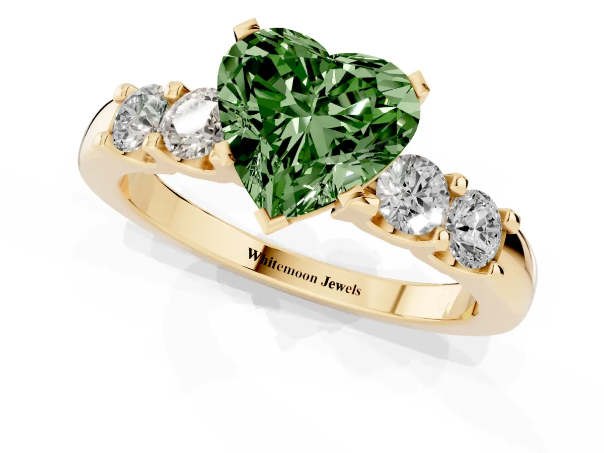 Fancy Green Heart Cut Brilliant Cut Diamond Five-Stone Prong Set Engagement Ring with Channel Band Yellow gold