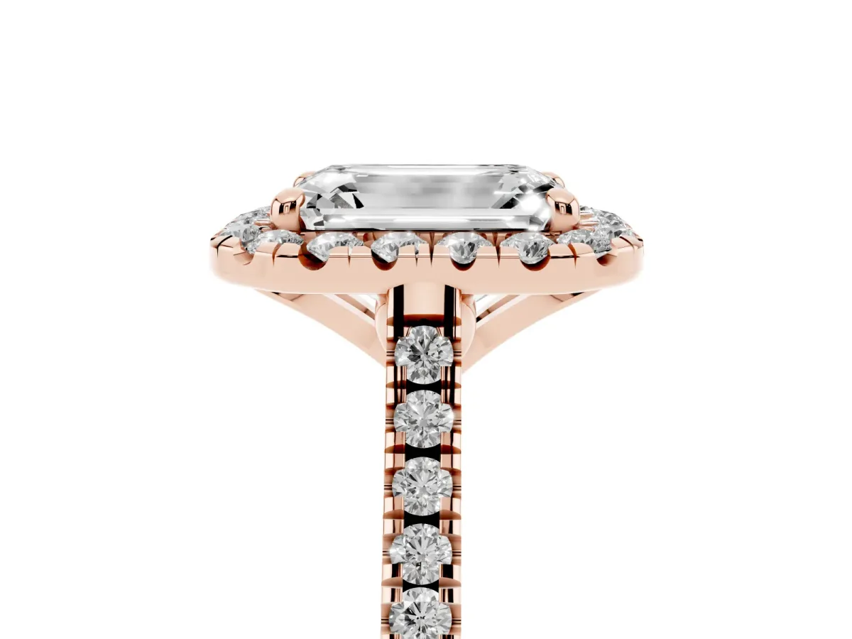 Emerald Cut Diamond Cushion Halo Ring with Pavé Band Rose gold