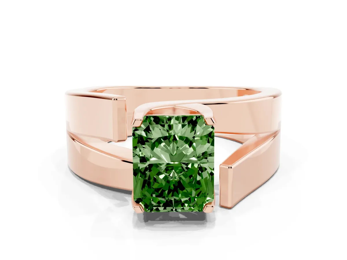 Fancy Green Modern Tension Set Radiant Cut Diamond Solitaire Wide Band Ring Rose gold