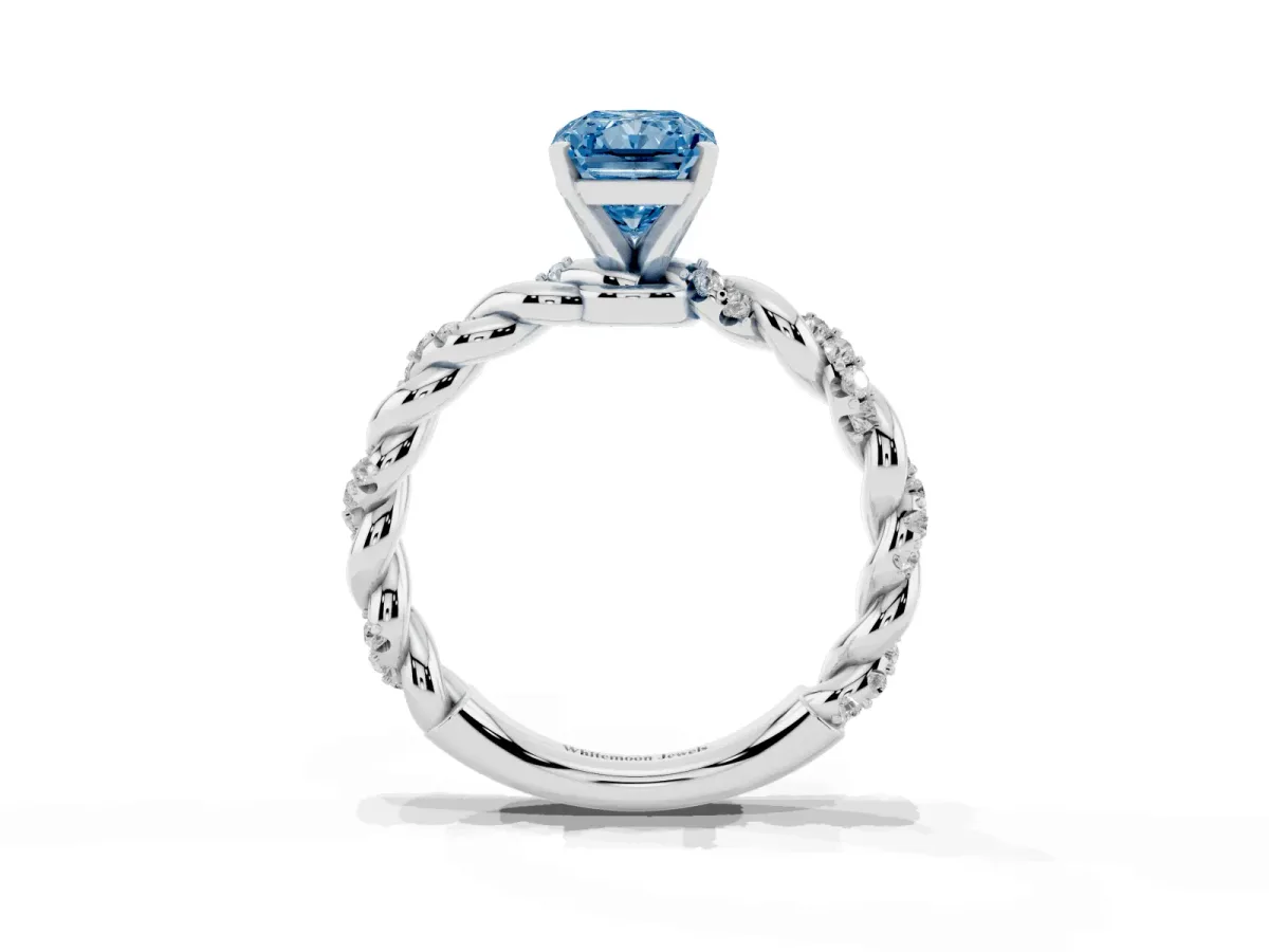 Fancy Blue Radiant Cut Diamond Solitaire Ring with Twisted Band and Pavé Accents White gold
