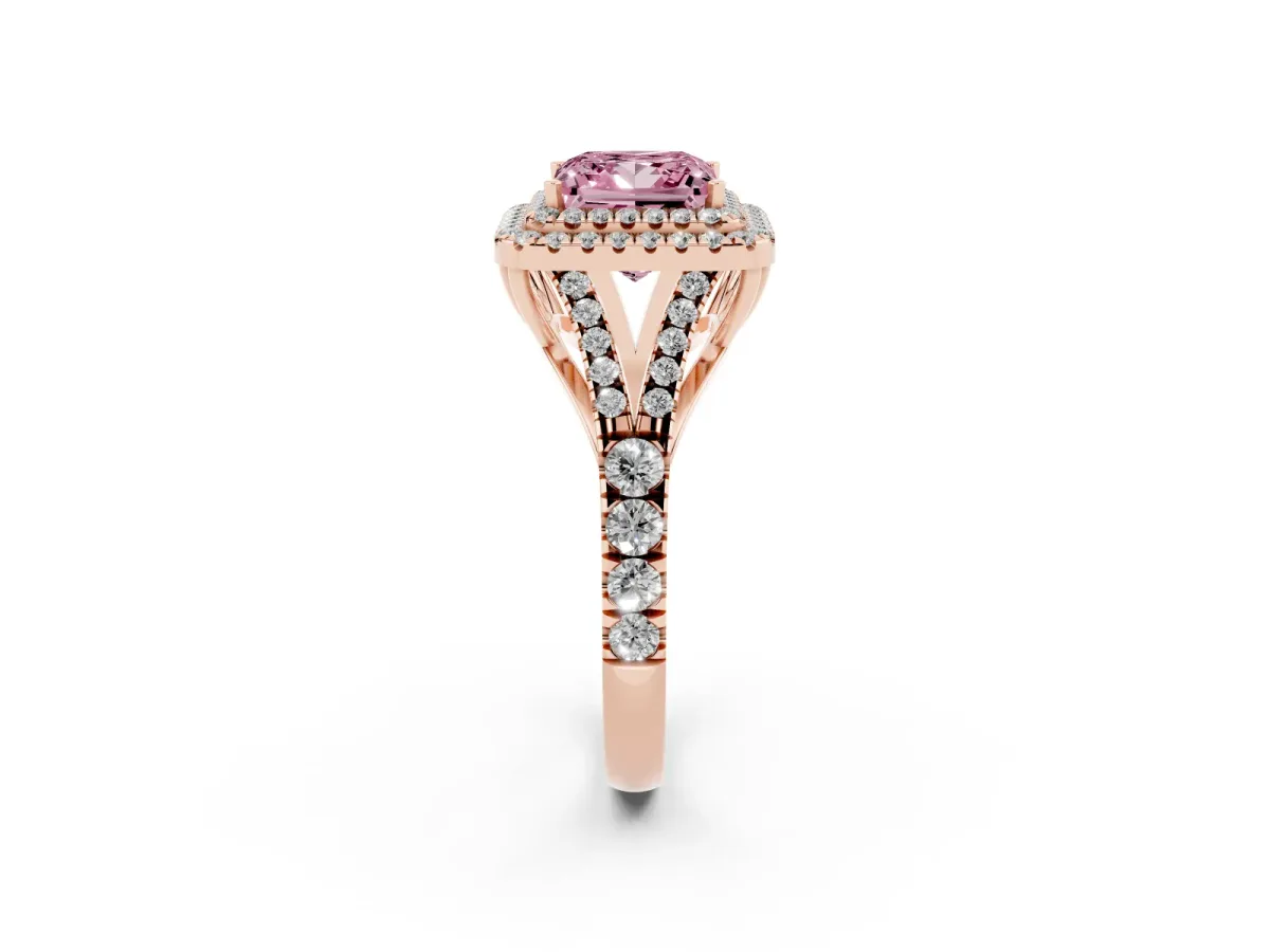 Fancy Pink Princess Cut Diamond Pavé Split Shank Double Halo Engagement Ring Rose gold
