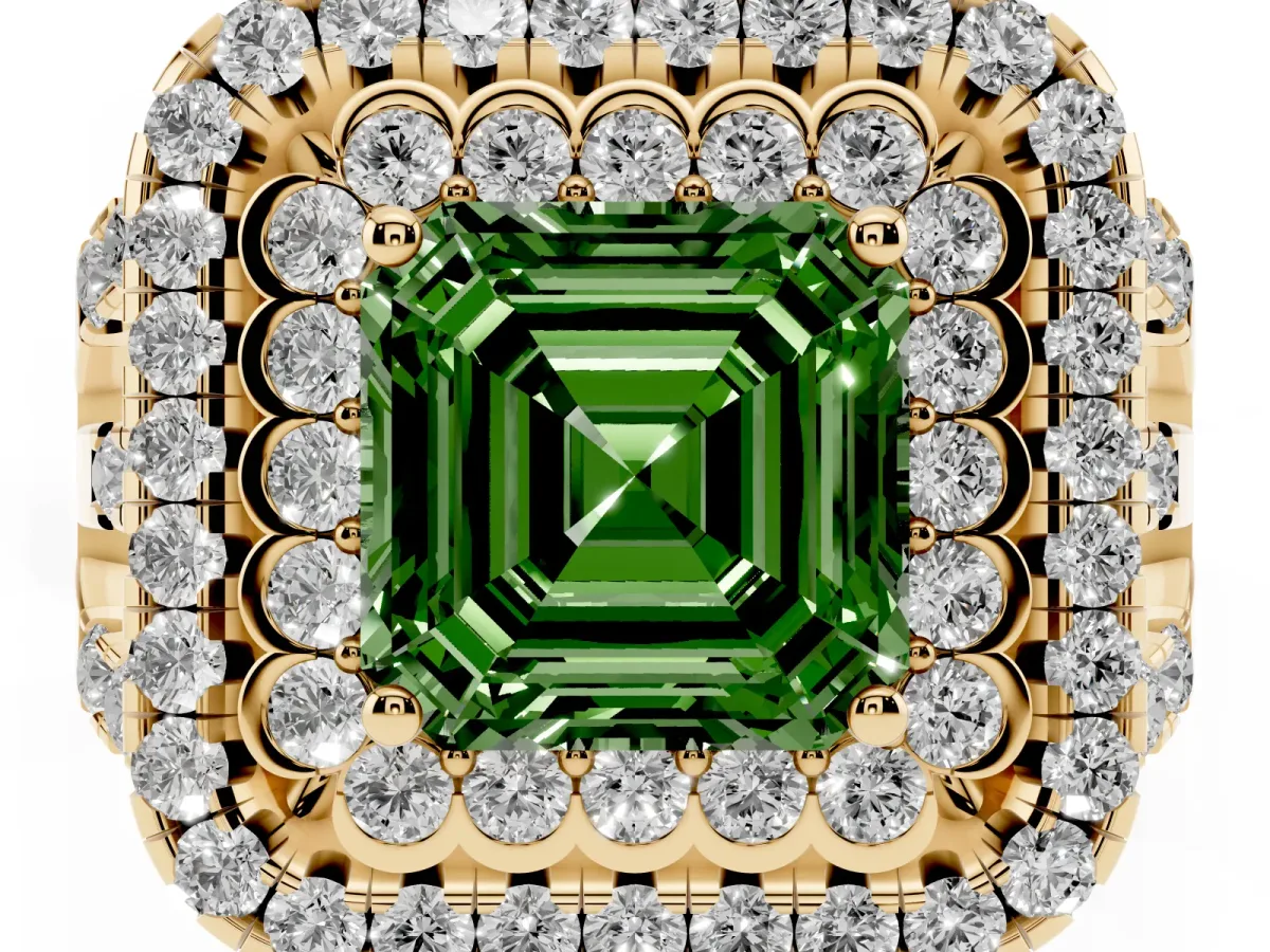 Fancy Green Asscher Cut Diamond Double Halo Ring with Round Pavé Split Shank and Prong Setting Yellow gold