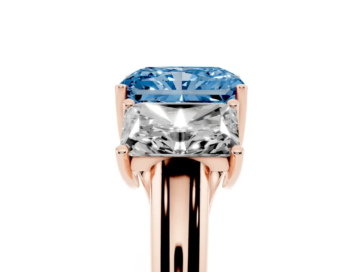 Fancy Blue Three-Stone Radiant Cut Diamond Engagement Ring with Prong Setting Rose gold