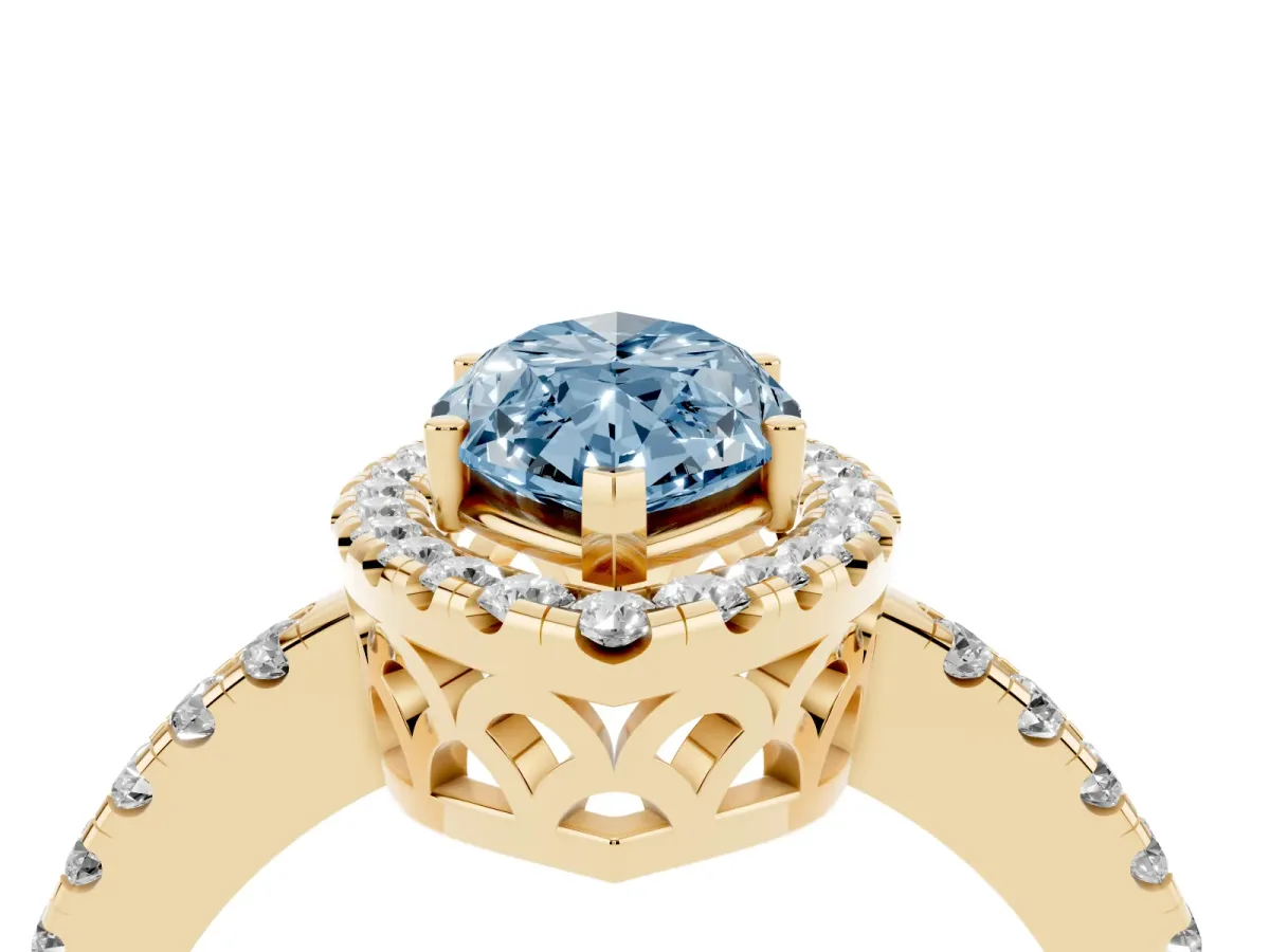 Fancy Blue Marquise Cut Halo Diamond Engagement Ring with Pavé Band and Four-Prong Setting Yellow gold
