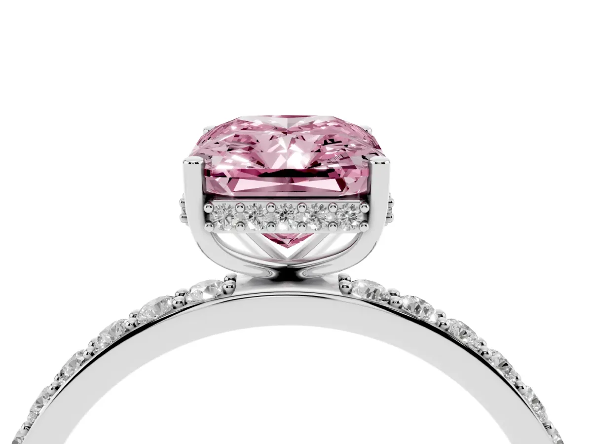 Fancy Pink Radiant Cut Diamond Solitaire Ring with Pavé Band and Hidden Halo Silver