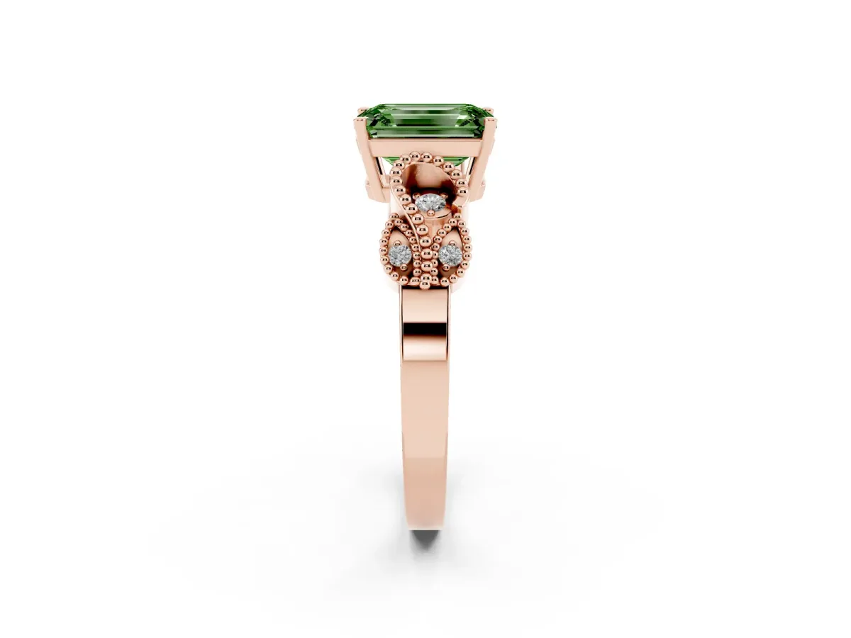 Fancy Green Emerald Cut Solitaire Milgrain Leaf Band with Prong Setting Rose gold