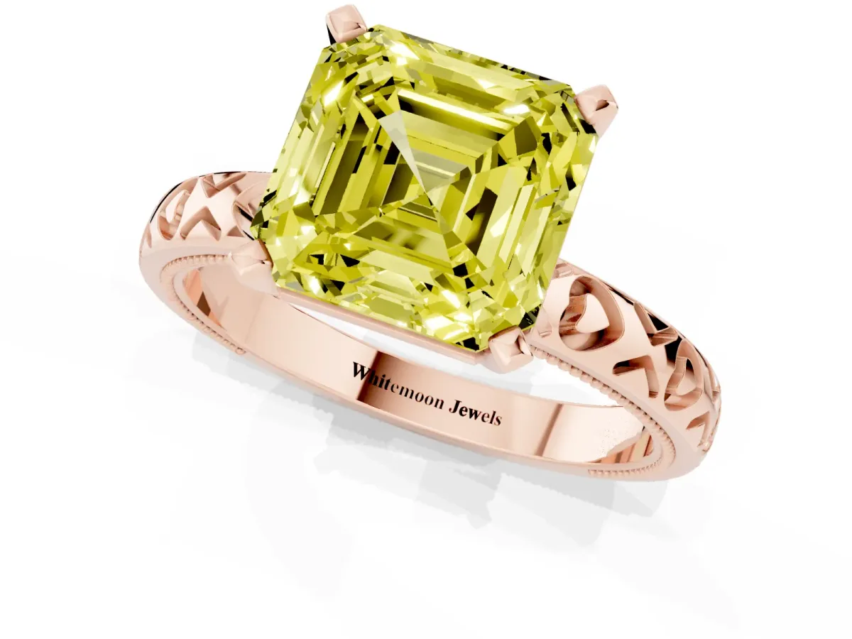 Fancy Yellow Asscher Cut Solitaire Diamond Engagement Ring with XO Engraved Band and Four-Prong Setting Rose gold