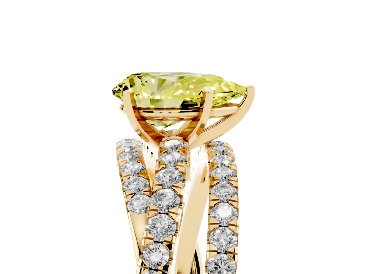 Fancy Yellow Pear Cut Solitaire Twist Band with Pavé Setting and Four-Prong Setting Yellow gold