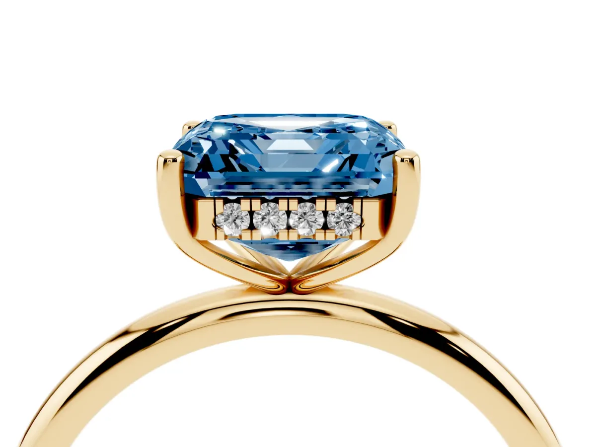 Fancy Blue Asscher Cut Cut Solitaire Engagement Ring with Four-Prong Setting and Classic Band Yellow gold