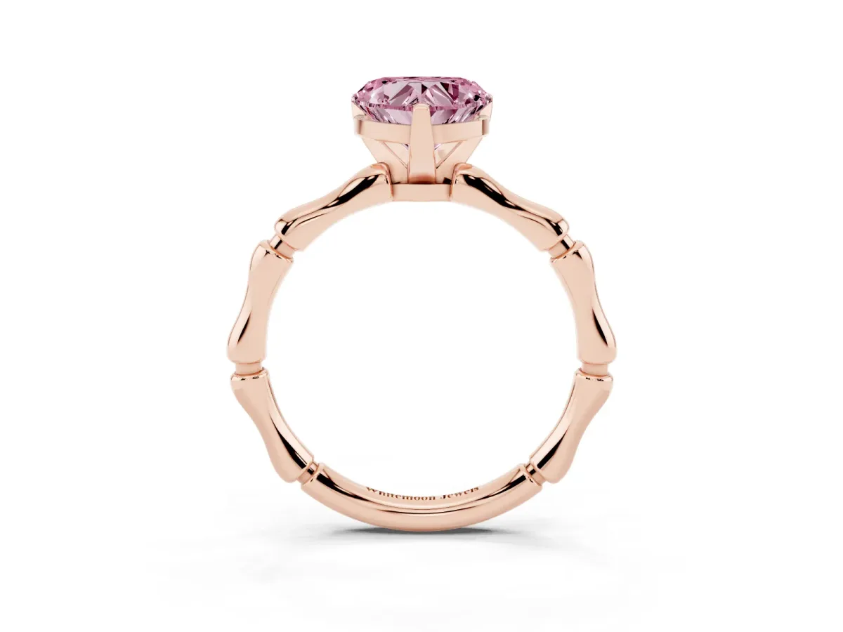 Fancy Pink Heart Cut Solitaire Diamond Ring with Bamboo Band and Four-Prong Setting Rose gold
