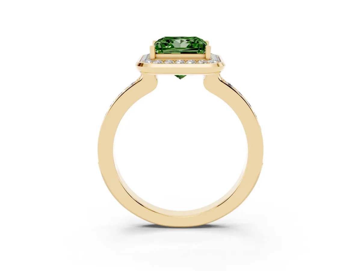 Fancy Green Princess Cut Diamond Halo Ring with Bezel Frame and Pavé Band Yellow gold