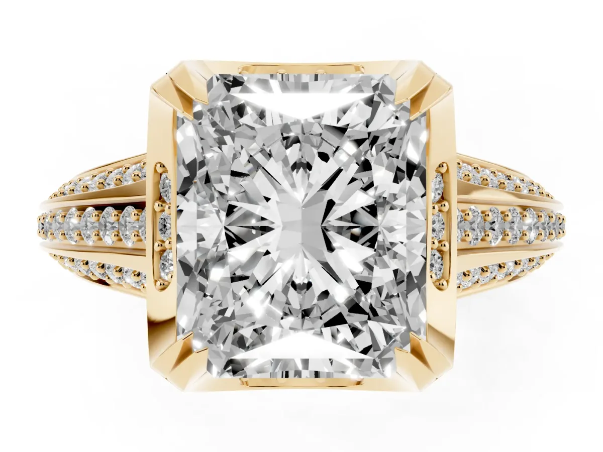 Radiant Cut Solitaire Pave Split Shank Ring with Four-Prong Setting Yellow gold