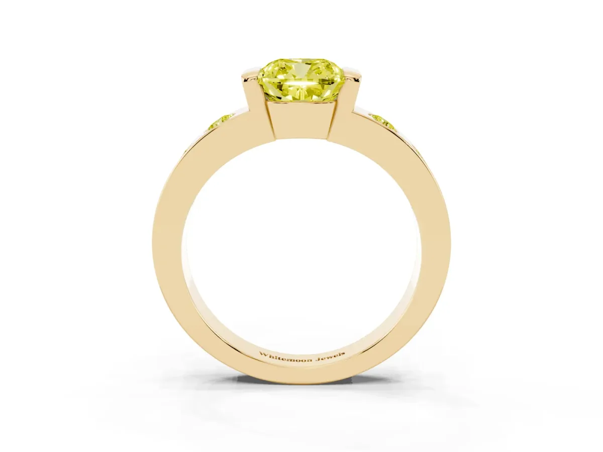 Fancy Yellow Cushion Cut Brilliant Channel-Set Diamond Ring with Bezel Prong Setting Yellow gold