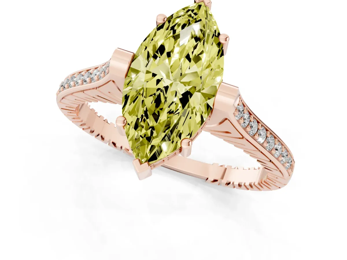Fancy Yellow Marquise Cut Solitaire Diamond Ring with Channel Set Band and Bezel Prong Setting Rose gold