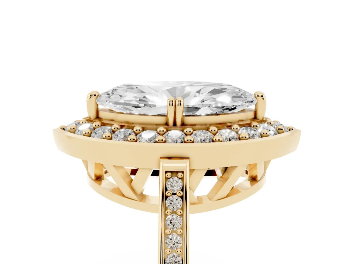 Marquise Cut Diamond Halo Ring with Split Shank and Four-Prong Setting Yellow gold