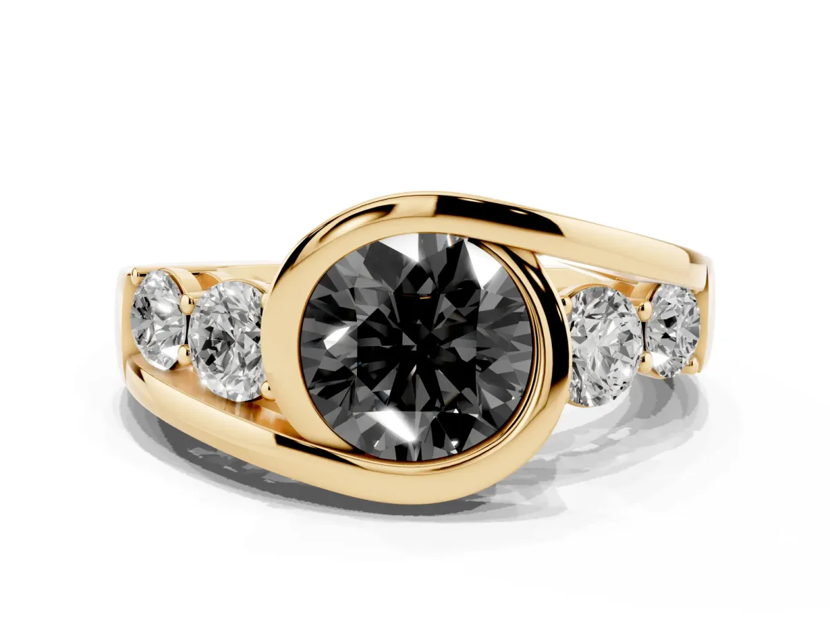 Fancy Black Bezel Set Round Cut Diamond Bypass Ring with Round Accents Yellow gold