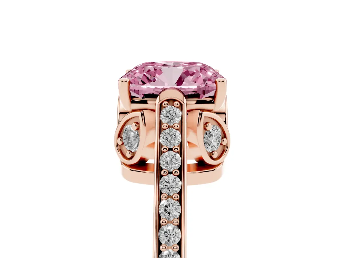 Fancy Pink Cushion Cut Cut Cathedral Pave Diamond Engagement Ring with Six-Prong Setting Rose gold
