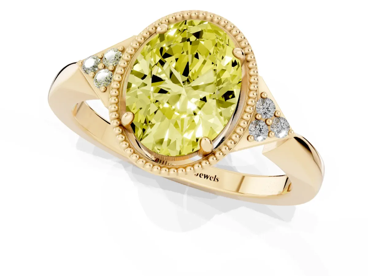 Fancy Yellow Hexagonal Halo Oval Cut Diamond Solitaire with Pavé Band and Four-Prong Setting Yellow gold