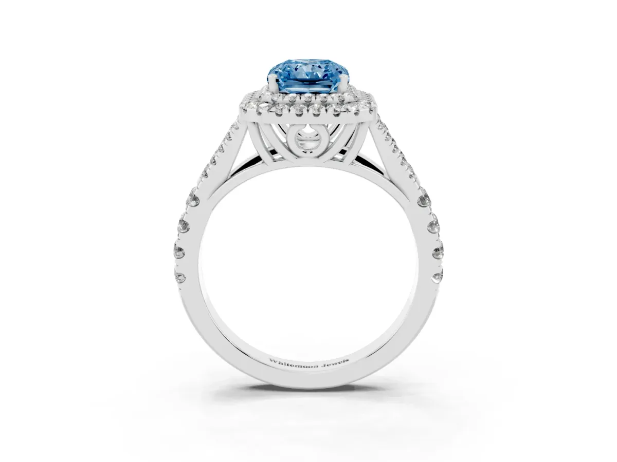 Fancy Blue Radiant Cut Cut Double Halo Split Shank Diamond Ring with Prong Setting White gold