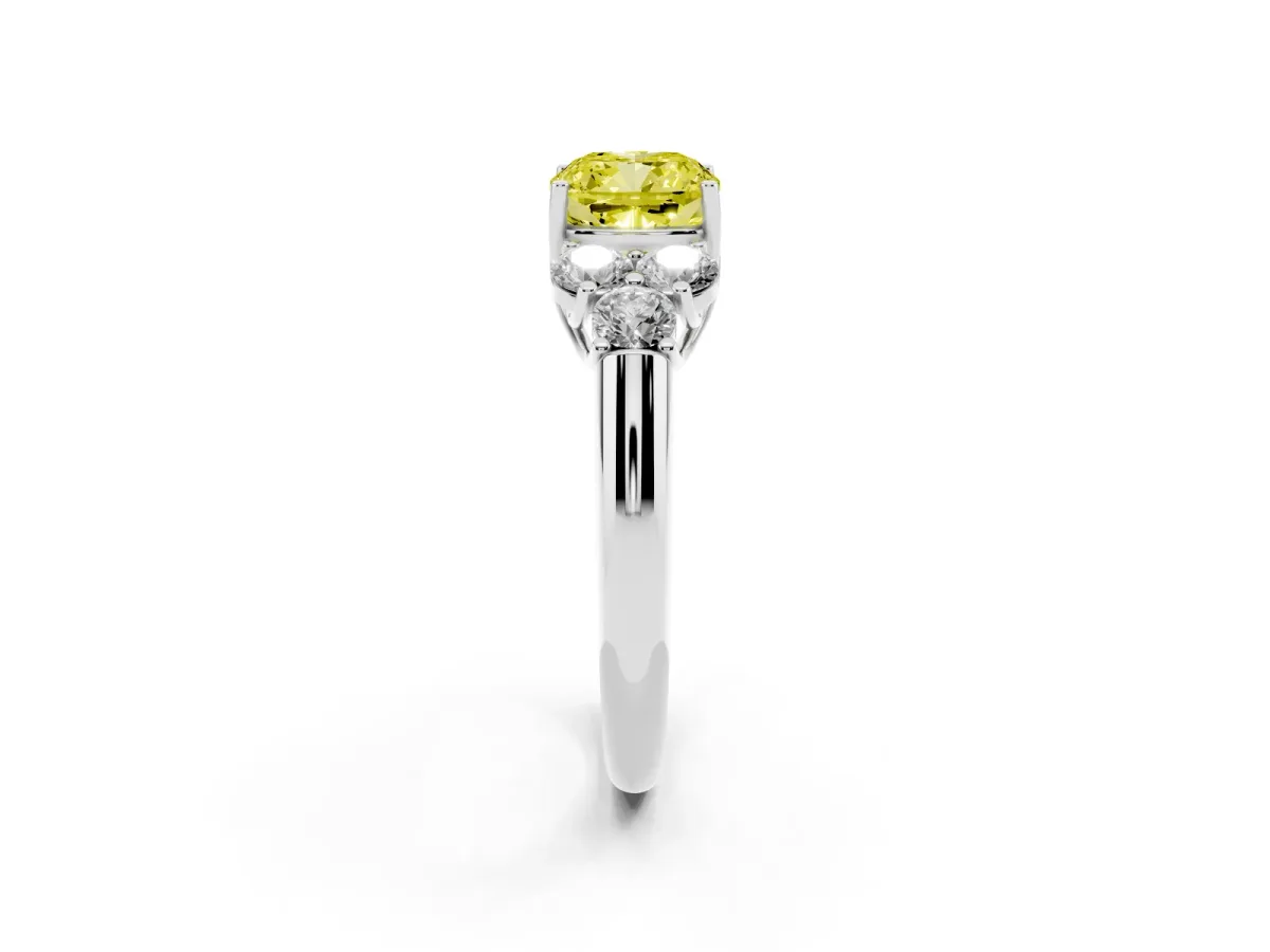 Fancy Yellow Cushion Cut Cut Diamond Cluster Ring with Round Accent Stones and Prong Setting on a Classic Band White gold