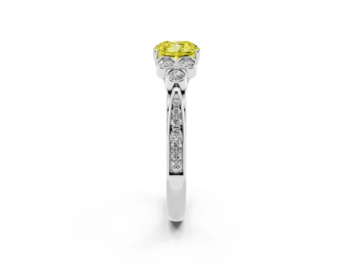 Fancy Yellow Cushion Cut Cut Diamond Engagement Ring with Bezel Set Round Side Stones and Prong Setting Platinum