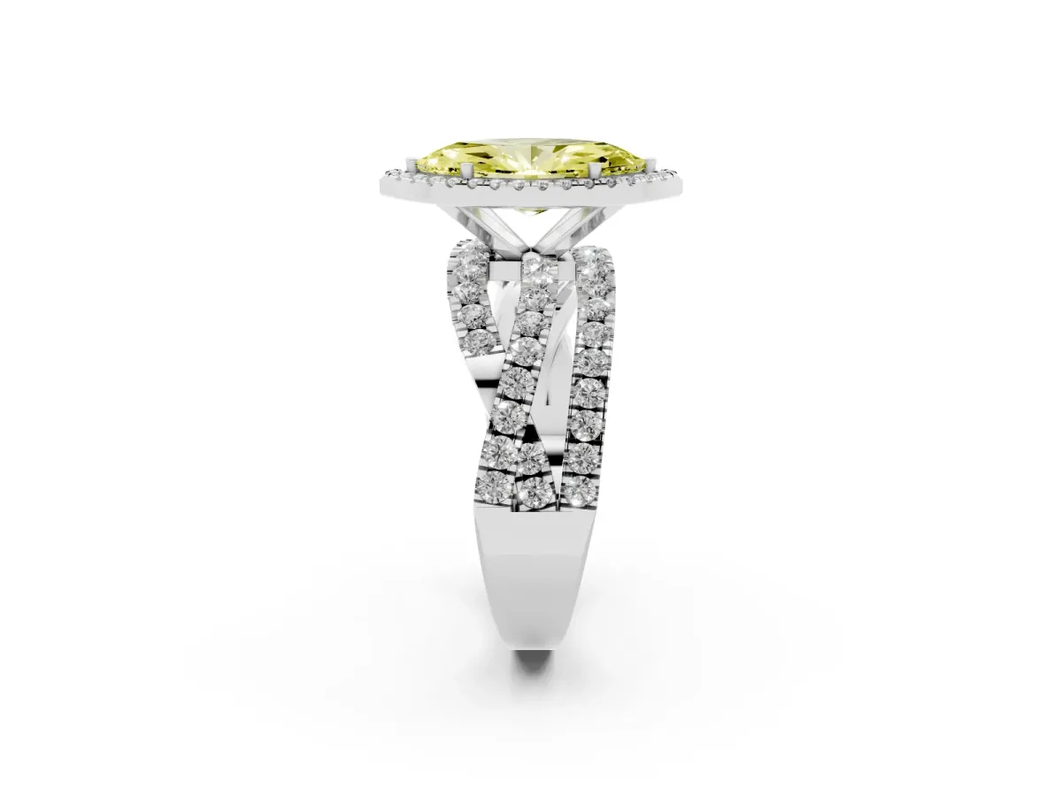 Fancy Yellow Marquise Cut Diamond Halo Ring with Round Split Shank and Prong Setting Silver