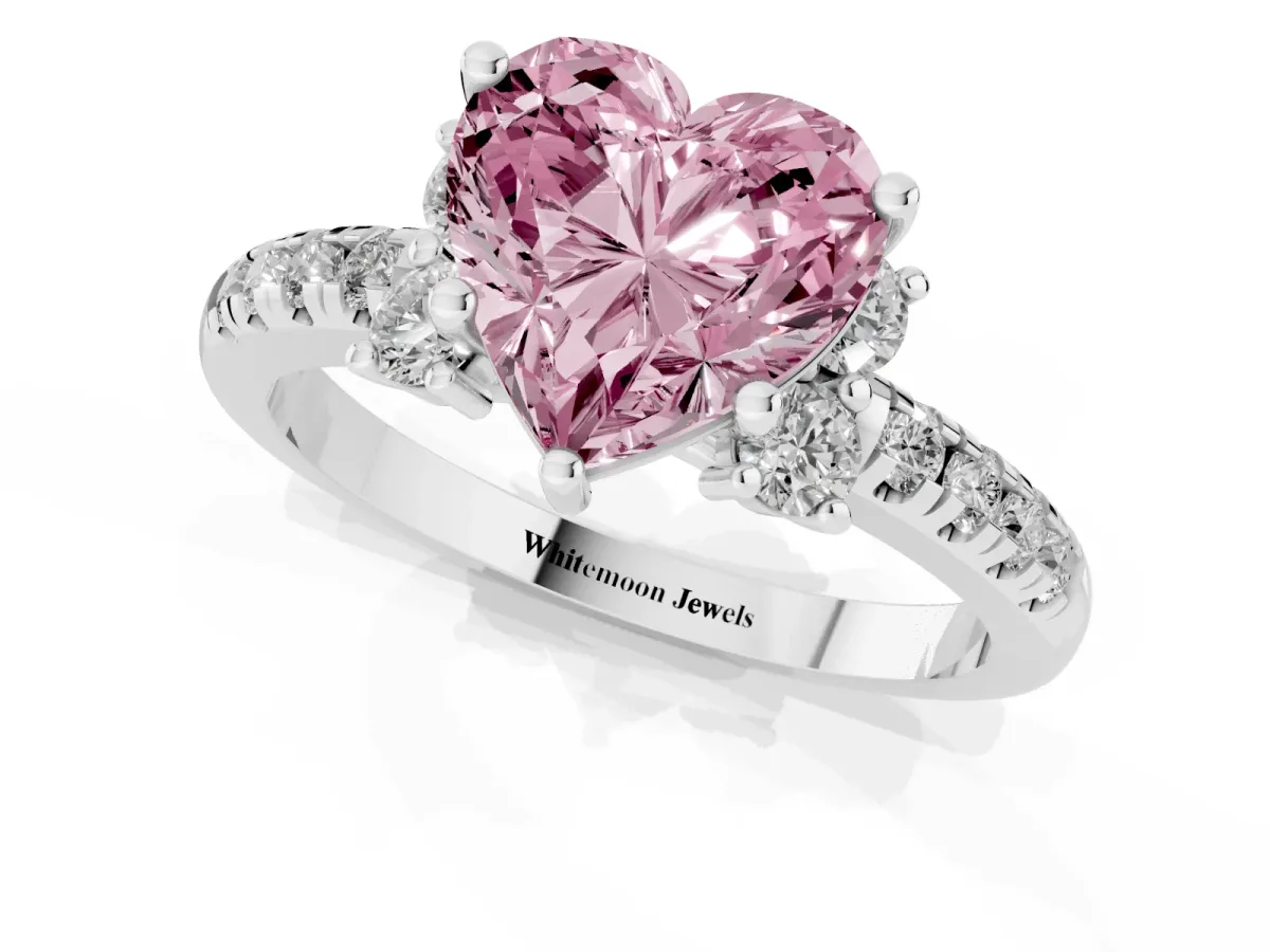 Fancy Pink Heart Cut Diamond Three-Stone Pave Band with Four-Prong Setting Silver