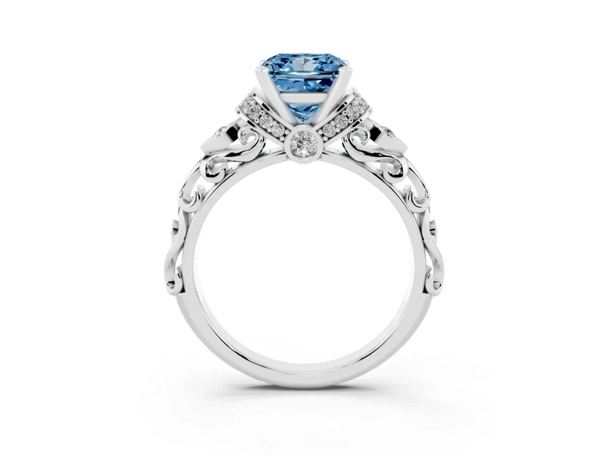 Fancy Blue Princess Cut Diamond Solitaire Ring with Filigree Band and Four-Prong Setting Platinum