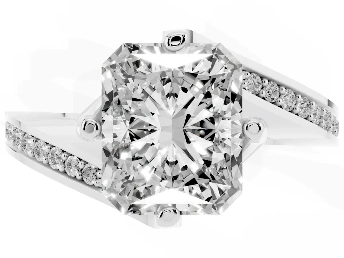 Radiant Cut Solitaire Diamond Twist Band with Pavé Setting and Four-Prong Setting Silver