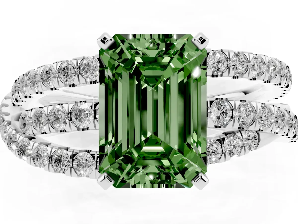 Fancy Green Emerald Cut Solitaire Twist Band with Pavé Setting and Four-Prong Setting Silver