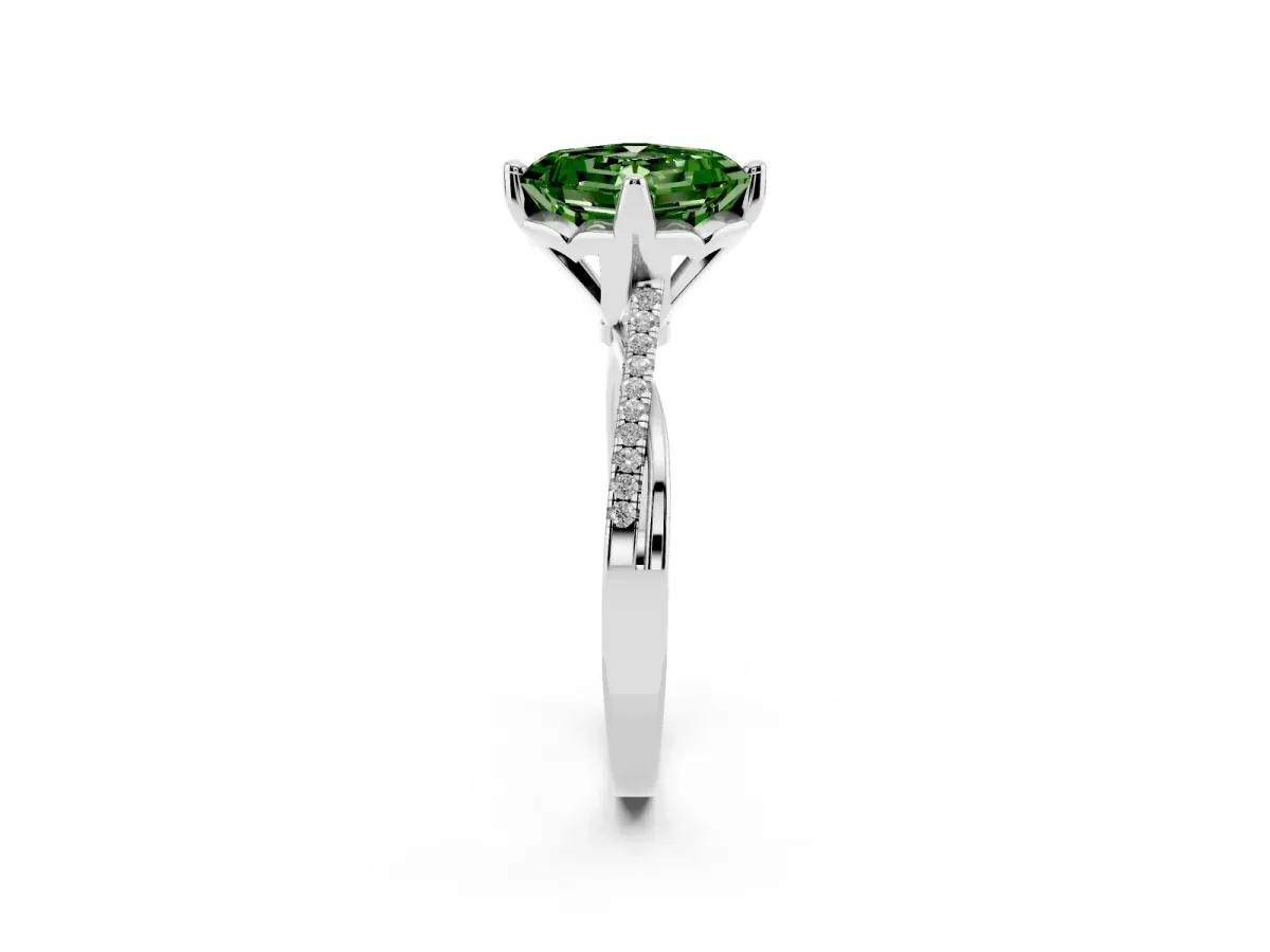 Fancy Green Asscher Cut Solitaire Twist Band with Pavé Diamonds and Four-Prong Setting White gold