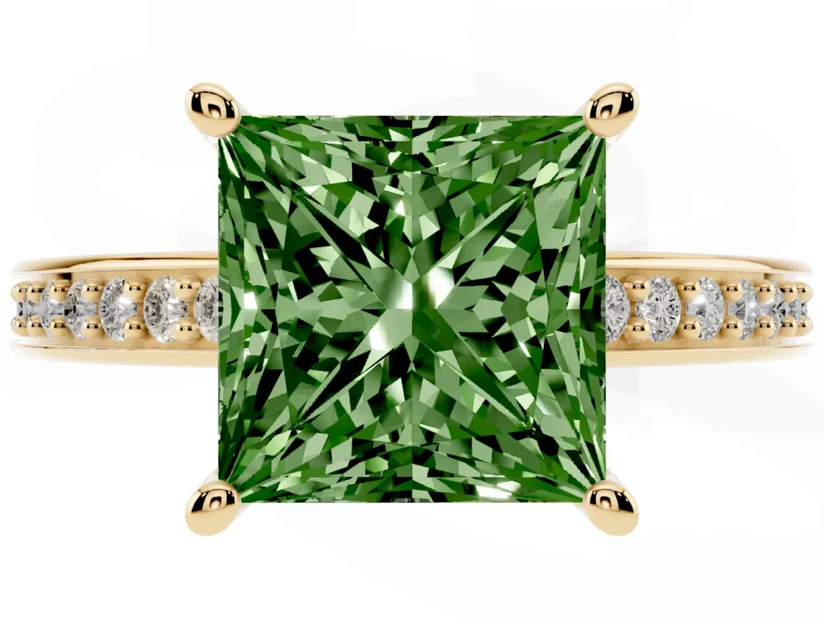 Fancy Green Princess Cut Solitaire Pavé Band Prong Setting Ring Yellow gold