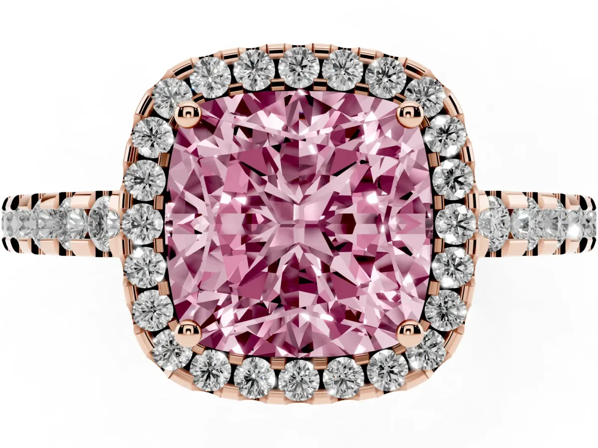 Fancy Pink Cushion Cut Diamond Halo Engagement Ring with Pavé Band and Prong Setting Rose gold