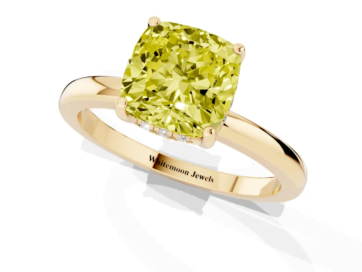 Fancy Yellow Cushion Cut Solitaire Diamond Ring with Prong Setting and Plain Band Yellow gold