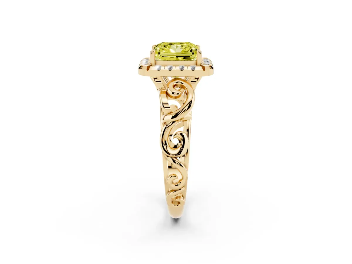 Fancy Yellow Princess Cut Cut Halo Diamond Ring with Scrollwork Band and Four-Prong Setting Yellow gold