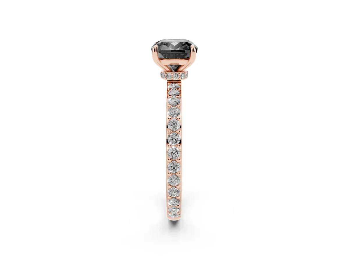 Fancy Black Cushion Cut Diamond Pavé Engagement Ring with Round Accents and Prong Setting Rose gold