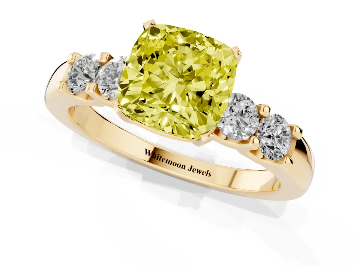 Fancy Yellow Cushion Cut Brilliant Cut Diamond Five-Stone Prong Set Engagement Ring with Channel Band Yellow gold