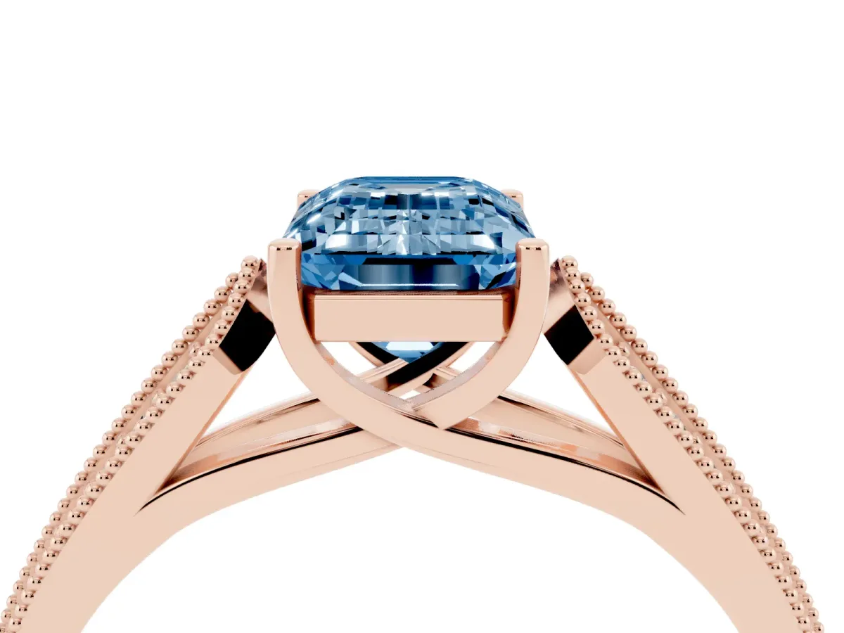 Fancy Blue Emerald Cut Cut Pave Split Shank Engagement Ring with Four-Prong Setting Rose gold