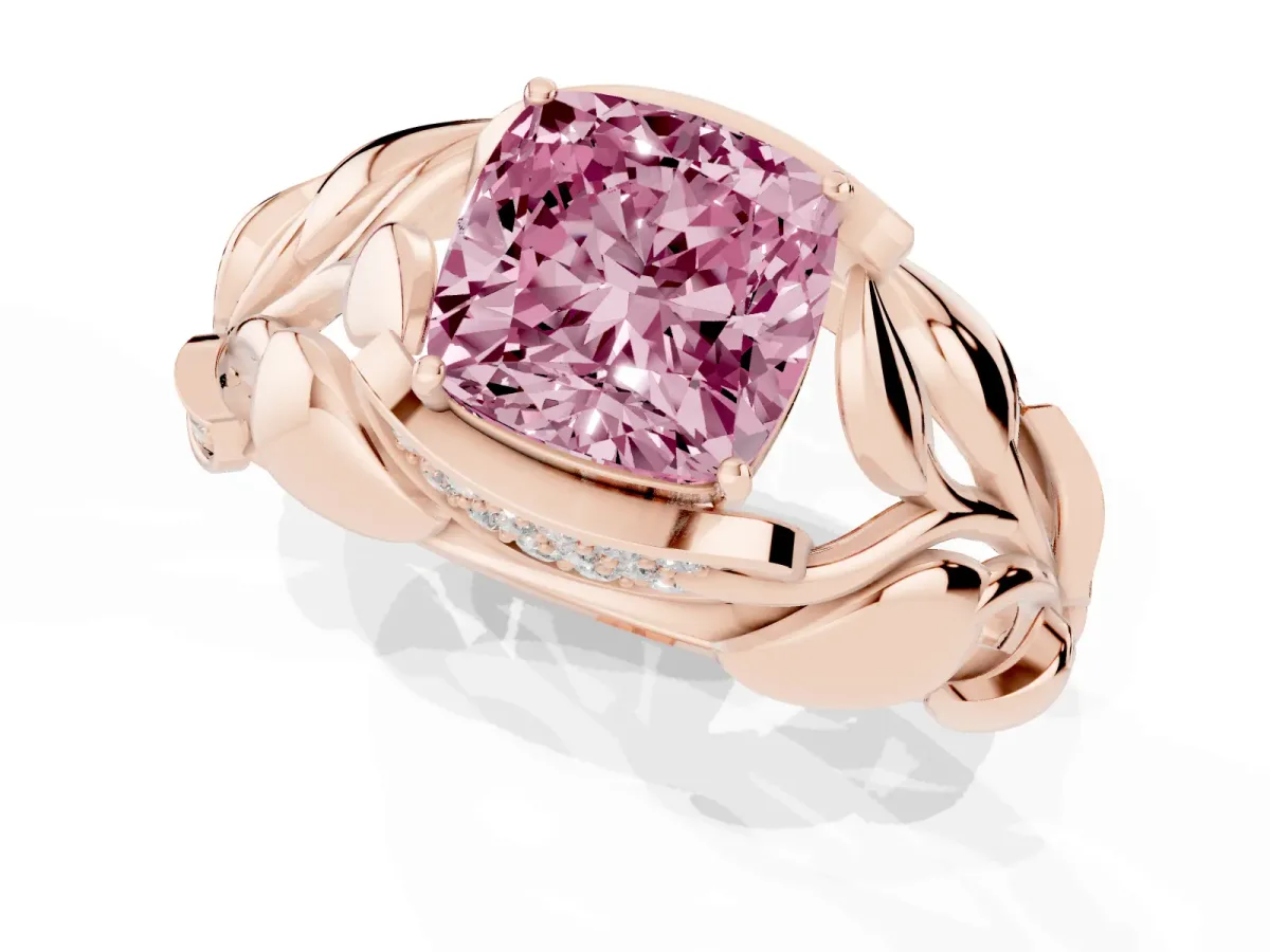 Fancy Pink Cushion Cut Diamond Leaf-Inspired Engagement Ring with Round Accents and Prong Setting Rose gold