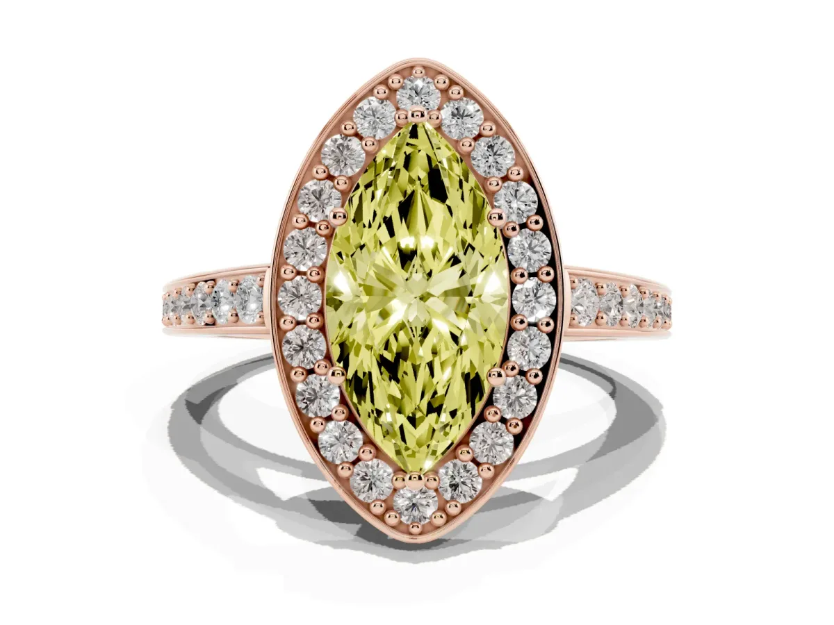 Fancy Yellow Marquise Cut Halo Pavé Diamond Engagement Ring with Bezel Setting Rose gold
