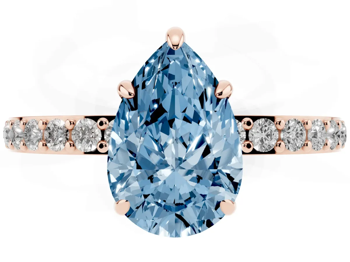 Fancy Blue Pear Cut Diamond Pavé Engagement Ring with Round Accents and Prong Setting Rose gold