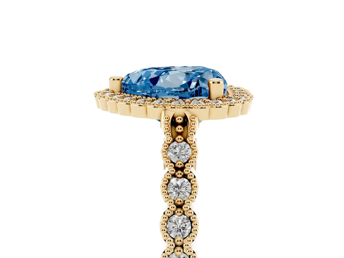 Fancy Blue Heart Cut Cut Halo Pavé Solitaire Ring with Milgrain Band Yellow gold