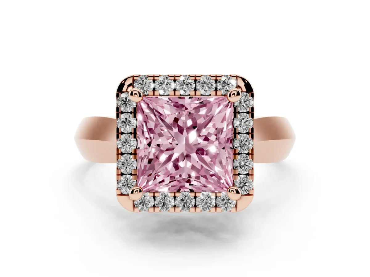 Fancy Pink Princess Cut Cut Halo Solitaire Engagement Ring with Square Band and Four-Prong Setting Rose gold