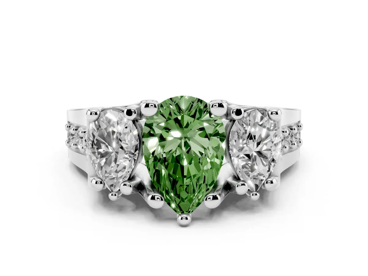 Fancy Green Pear Cut Diamond Three-Stone Ring with Channel Set Band and Four-Prong Setting Silver