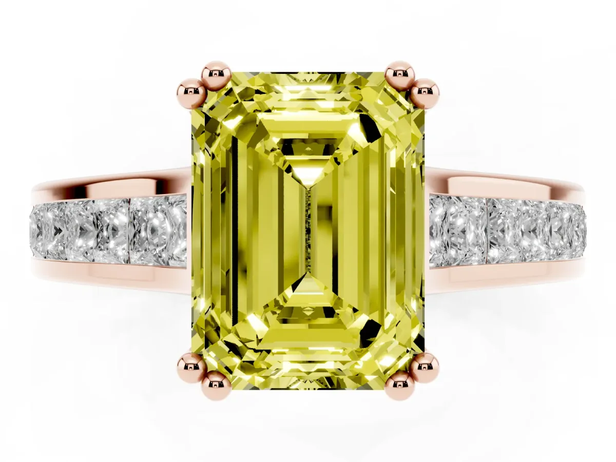 Fancy Yellow Emerald Cut Cut Channel Set Solitaire Engagement Ring with Prong Setting Rose gold