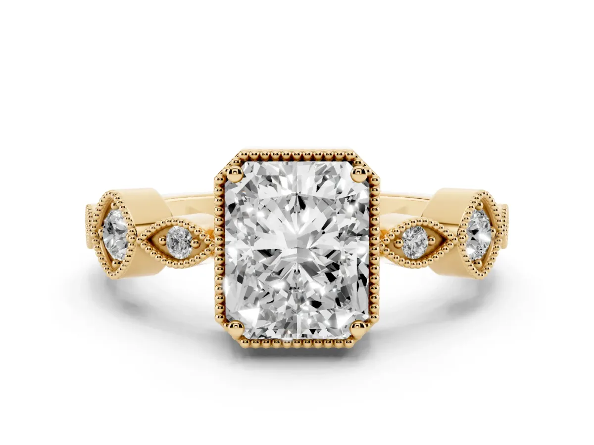 Radiant Cut Diamond Vintage Milgrain Ring with Round Stations Yellow gold