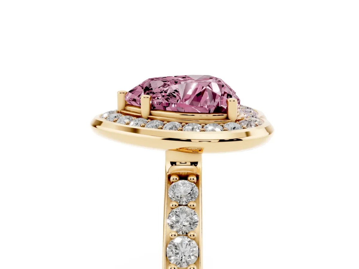 Fancy Pink Heart Cut Diamond Halo Ring with Bezel Frame and Pavé Band Yellow gold