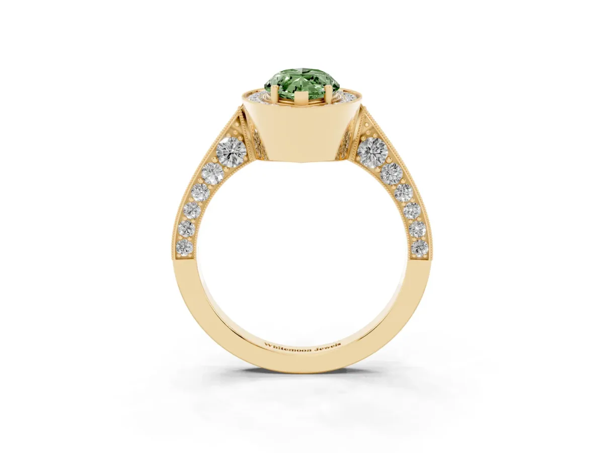 Fancy Green Marquise Cut Halo Diamond Engagement Ring with Split Shank Band and Four-Prong Setting Yellow gold