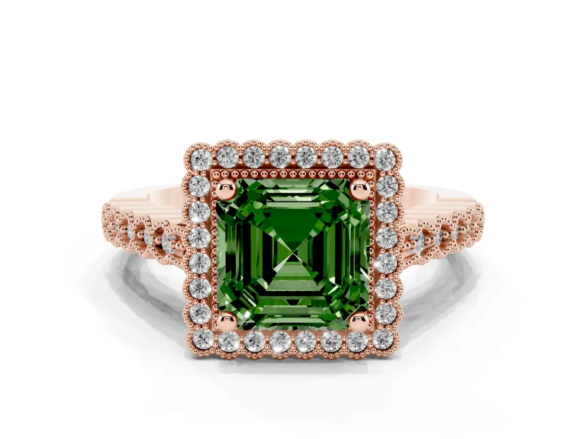 Fancy Green Asscher Cut Cut Halo Pavé Solitaire Ring with Milgrain Band Rose gold